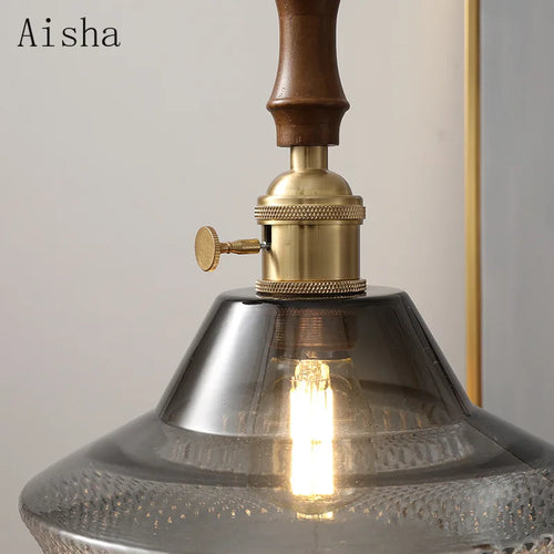 Walnut and copper glass pendant light for elegant interiors - vue 5 sur 8