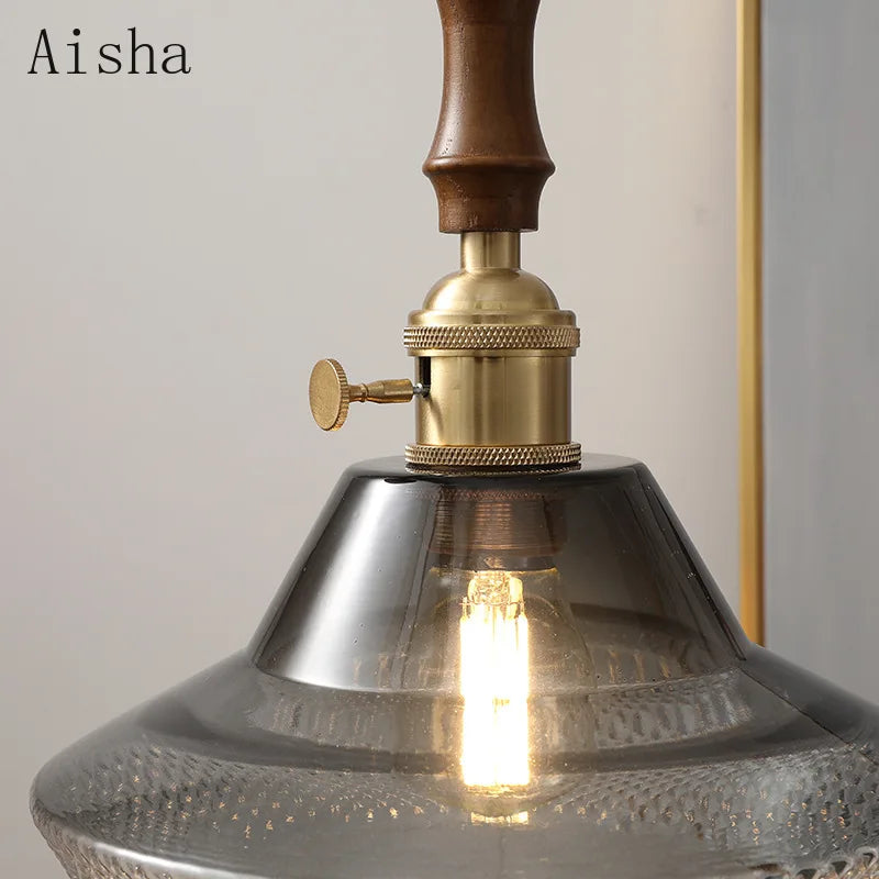 Walnut and copper glass pendant light for elegant interiors - vue 4 sur 8