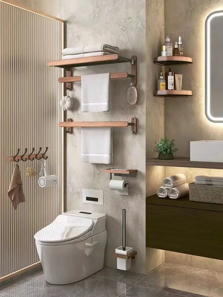 Wall-Mounted Toilet Brush Holder Set, Ceramic Base, Solid Wood, Luxury Bathroom Accessories, No Dead Corner - vue 6 sur 6