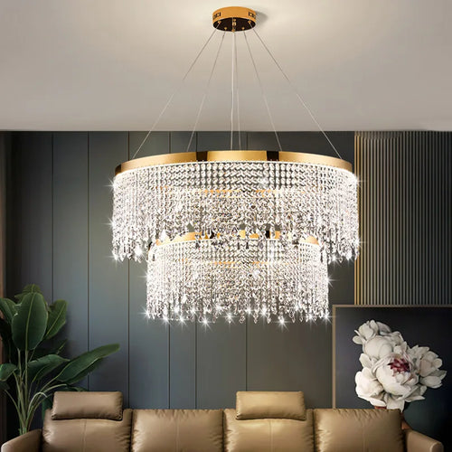 Modern crystal chandelier with circular design and luxury suspended lighting - vue 2 sur 9