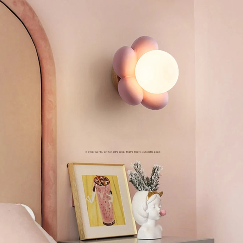 Children's flower wall light white pink resin bedside bedroom decor