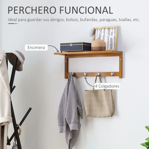 HOMCOM Wall hanger bamboo 4 hooks rack Wall towel rack 50x16x17.5cm - vue 5 sur 7