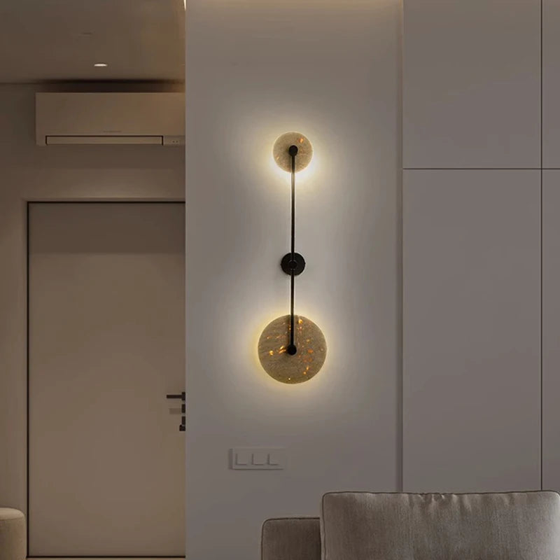 Natural stone and round metal LED wall light