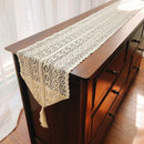 Boho crochet lace table runner with beige tassels