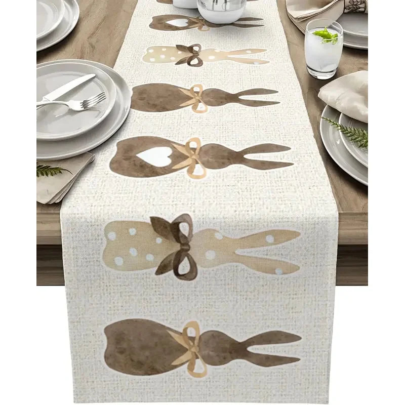 Linen table runner with rabbit and heart motifs for Easter