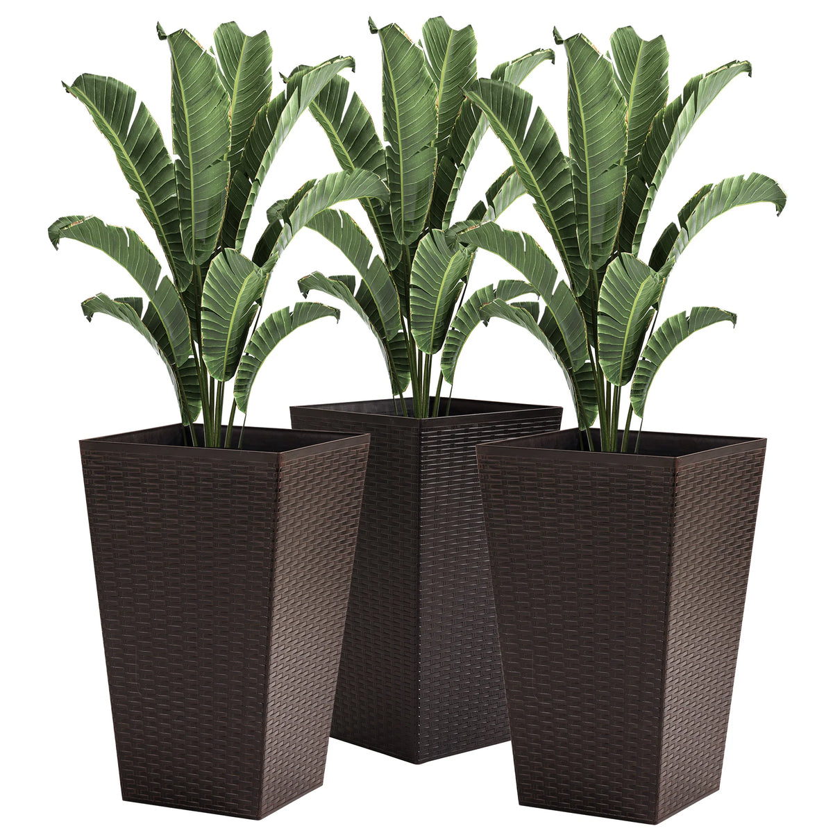 Outsunny Set of 3 Square Pots for Plants Flowers 3 Pot Mat Effect of Smile Rattan for Garden Terrace 36.5x36.5x61cm