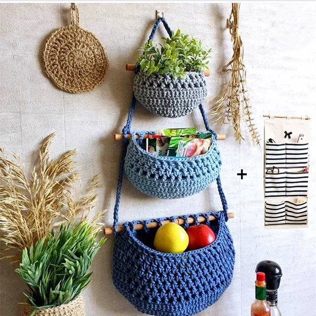 macrame hanging baskets set of three storage tiers - vue 8 sur 9