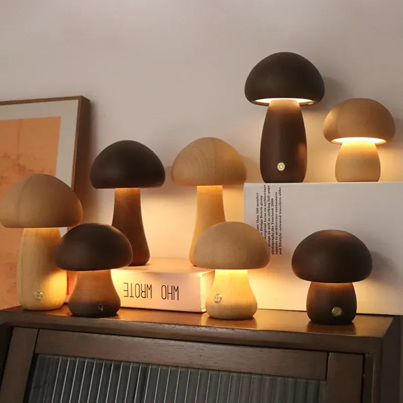 Mushroom LED night light wooden lamp with touch switch