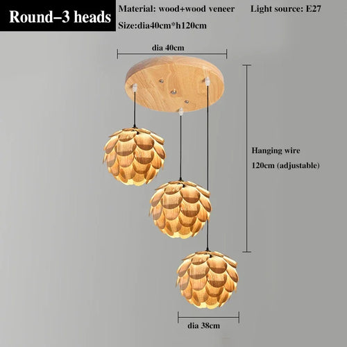 Original pineapple chandelier in wood veneer for hotels, bars and restaurants