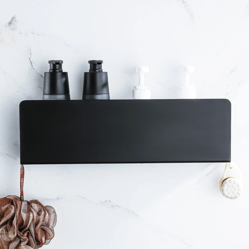 wall-mounted storage shelf with aluminum hooks for shower and kitchen