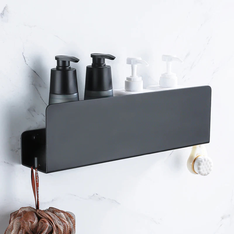 wall-mounted storage shelf with aluminum hooks for shower and kitchen