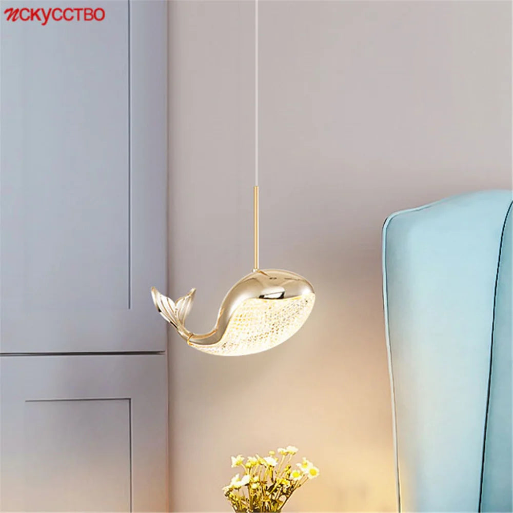 Golden dolphin acrylic LED pendant light for children