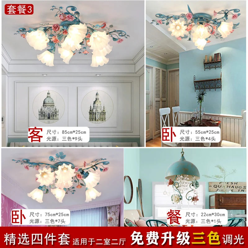 Retro ceramic ceiling light with luminous flowers and plants
