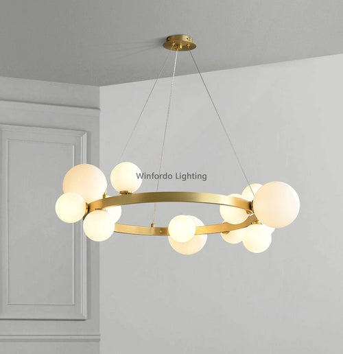 Gold round LED chandelier with glass globes - vue 7 sur 18