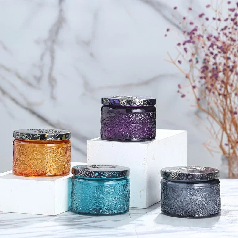 embossed glass candle jar with lid for aromatherapy