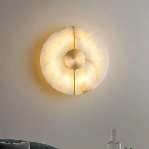 Round marble and gold copper LED wall light - vue 3 sur 8