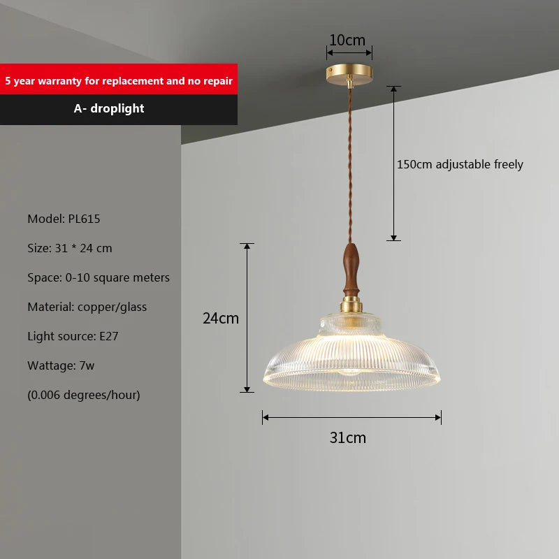 Glass pendant light for dining room, modern kitchen island chandelier, copper/wood art hanging lamp E27