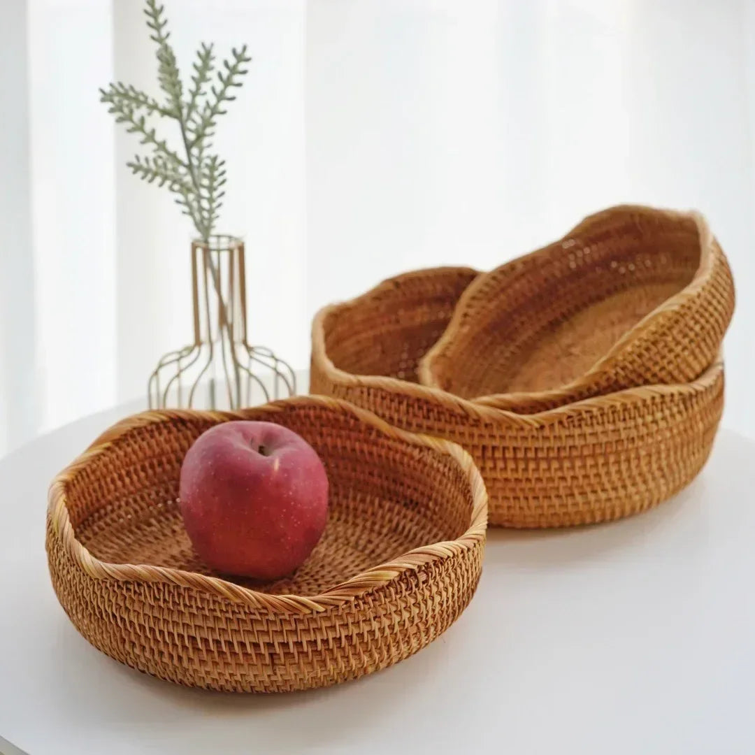 Round Rattan Woven Basket, Wicker Fruit Basket, Bread Food Kitchen Home Decor Organizer, Breadbasket For Kitchen - vue 5 sur 12