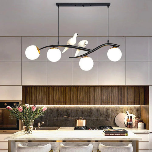 Iron chandelier with bird and suspended glass ball - vue 3 sur 12