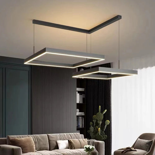 Modern square LED chandelier for living room, dining room, bedroom, kitchen, black rectangular ceiling pendant light - vue 5 sur 18