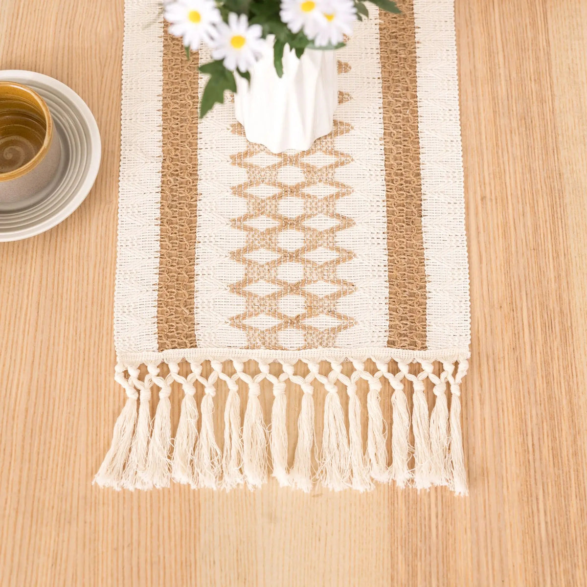 Bohemian geometric beige table runner with tassels