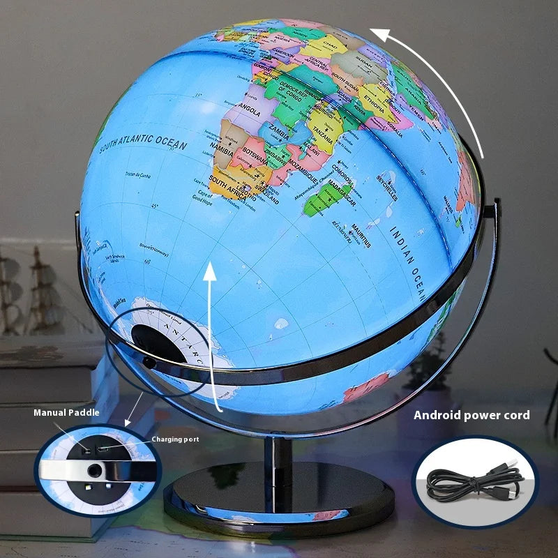 educational rotating globe with light in English for geography