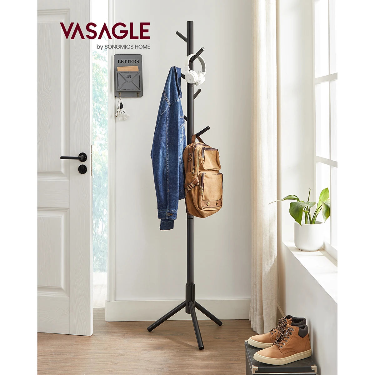VASAGLE Standing Coat Rack, Solid Wood Coat Rack, Tree-Shaped Coat Rack with 8 Hooks, 3 Height Options, for Clothes, Hats, Bags - vue 1 sur 8