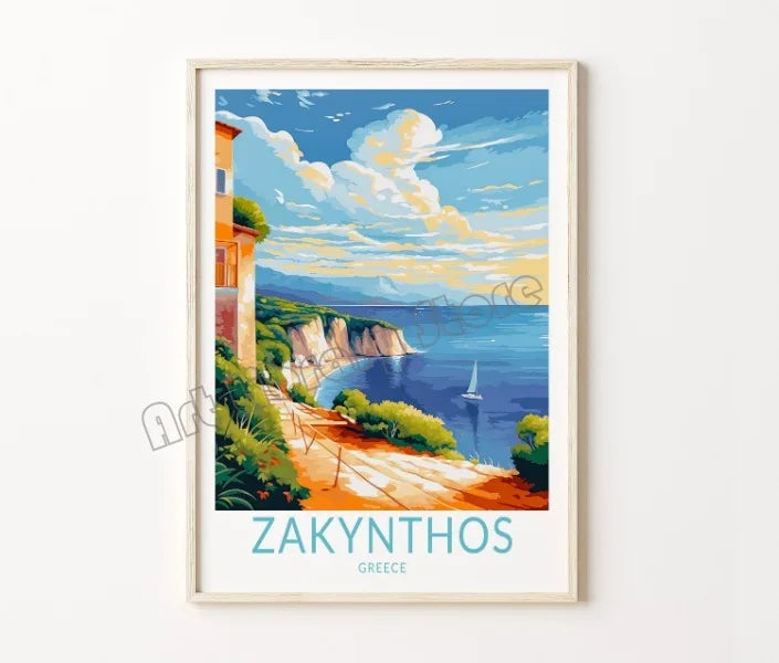 Retro travel poster with Santorini castle and island