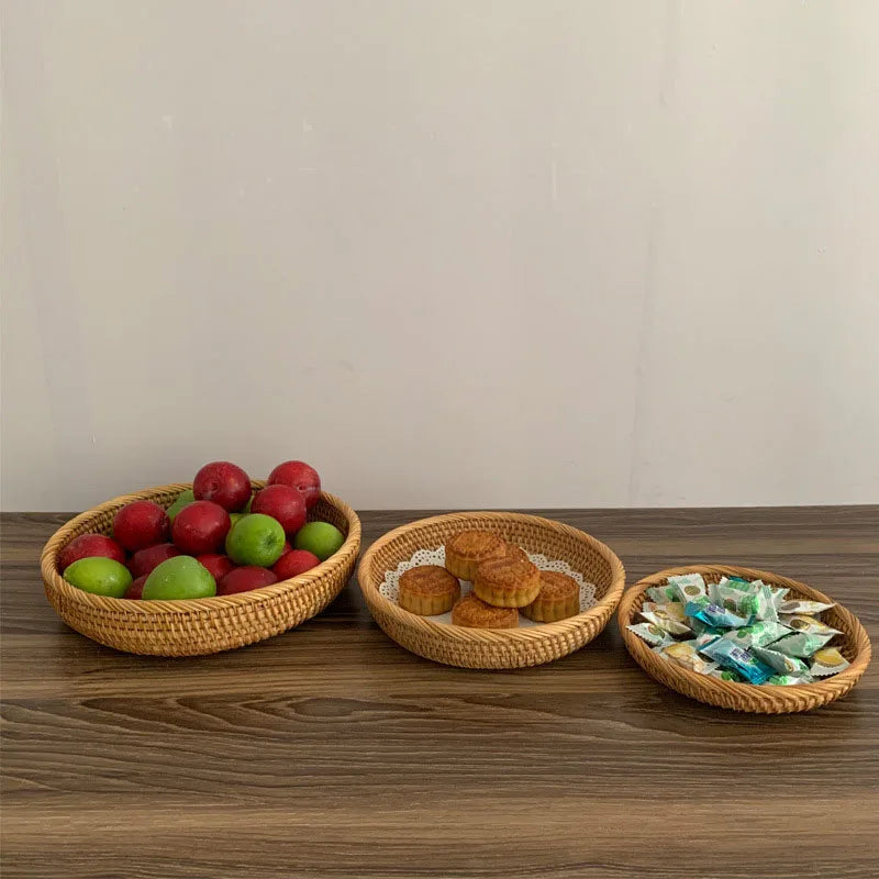 HEMU-Round Rattan Woven Basket, Wicker Fruit Basket, Bread Food, Kitchen Home Decor Organizer - vue 6 sur 12