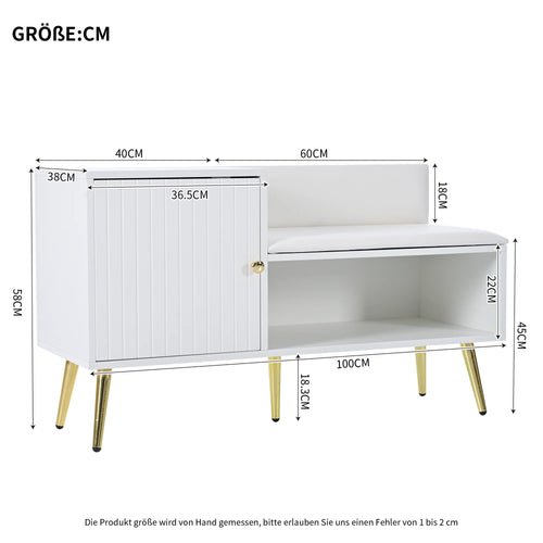 Modern luxury shoe chest in white with storage, upholstered bench and backrest shoe rack with metal handles and Meta - vue 7 sur 6