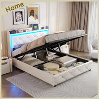 Upholstered Bed with LED Light, Charging Function, Air Pressure Metal Frame and Wooden Slatted Frame, PU, ​​Without Mattress
