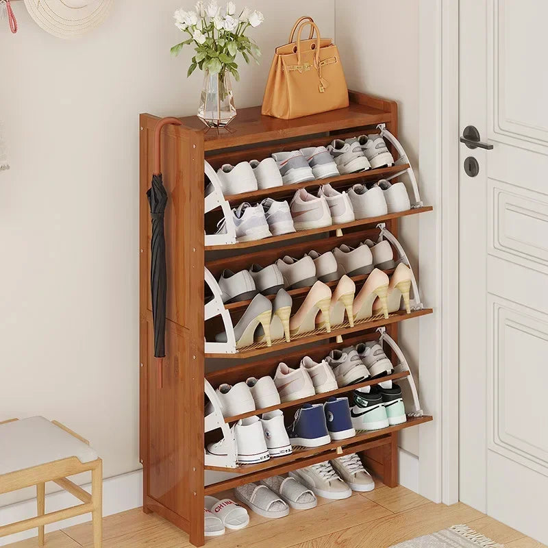 versatile, foldable bamboo and rattan shoe rack