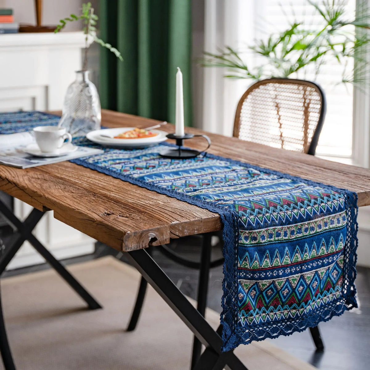 Navy striped table runner with lace country style