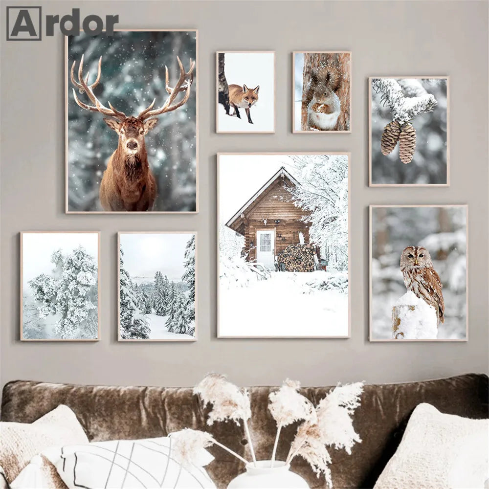 Winter forest wall art with fox, owl and deer - vue 3 sur 7