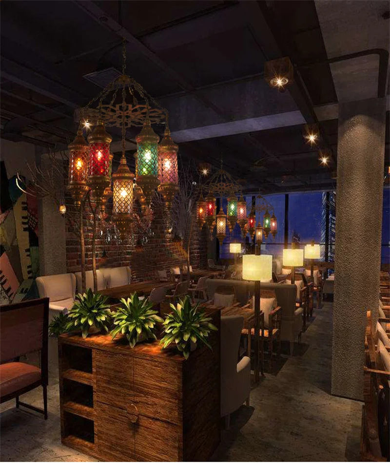 Retro industrial iron and coloured glass chandelier for Asian venues