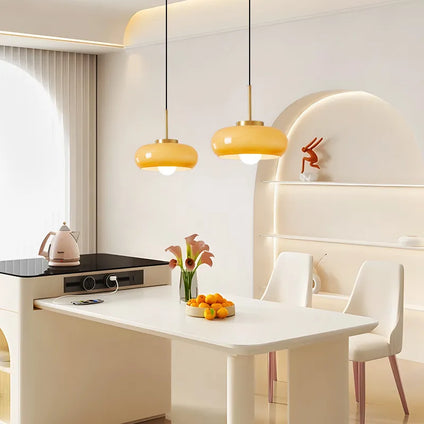 Bauhaus LED pendant light in glass and gold metal