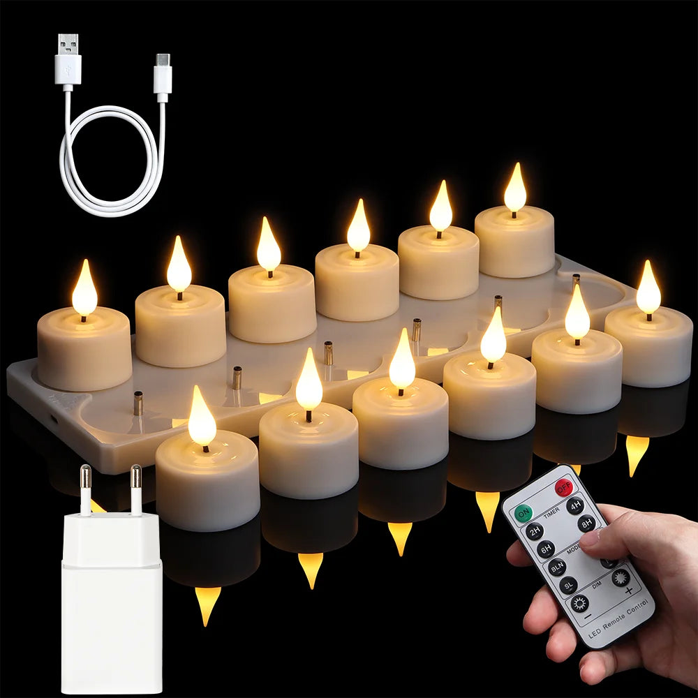 set of 6 or 12 rechargeable LED candles with timer and flashing