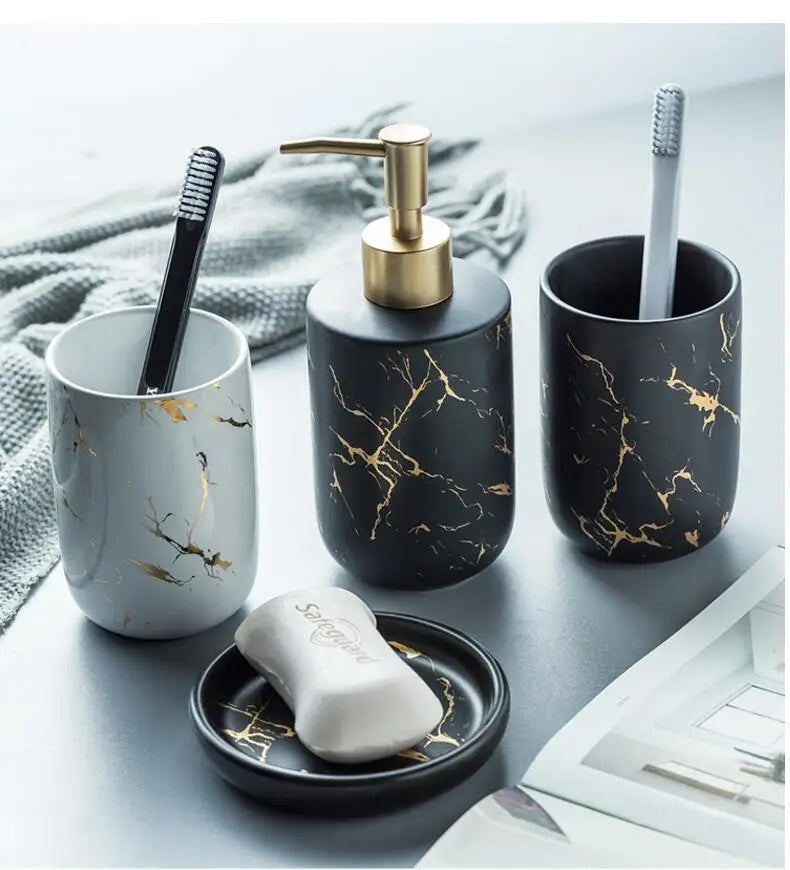 Black Marbled Bathroom Accessories Set, Ceramic Soap Dispenser, Toothbrush Holder, Box, Decoration - vue 2 sur 17