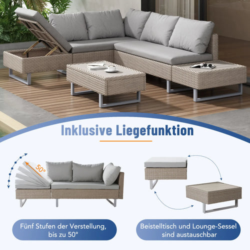 Poly Rattan Garden Lounge Set – 4-5 Seater Corner Sofa with Table &amp; Cushions, Removable Washable Covers, Khaki - vue 4 sur 6