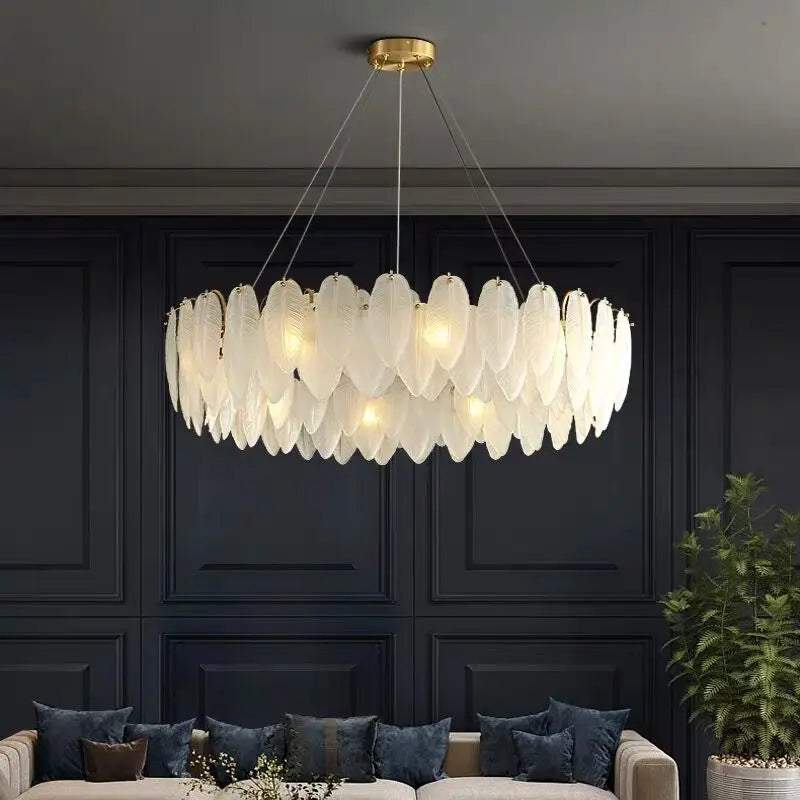 Modern glass chandelier with feathers and LED light