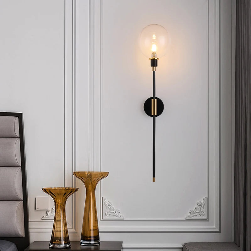 Modern LED wall light in black iron with decorative glass ball