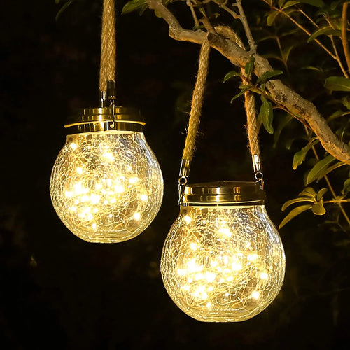 Hanging solar crackle glass lamp for garden and outdoor use