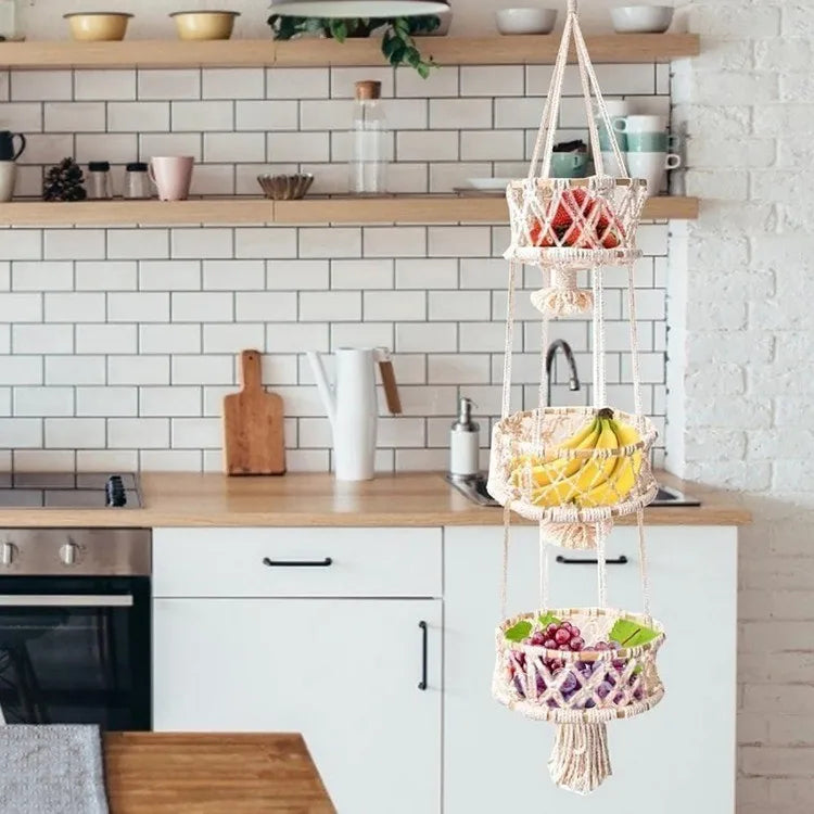 cotton rope wall baskets with macrame tassels - vue 2 sur 7