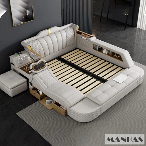 Tech Smart Bed 2 People with King Size Bed Frame Queen, Genuine Leather, Massage, USB, Bluetooth Speaker, and Safe By MINGDIBAO