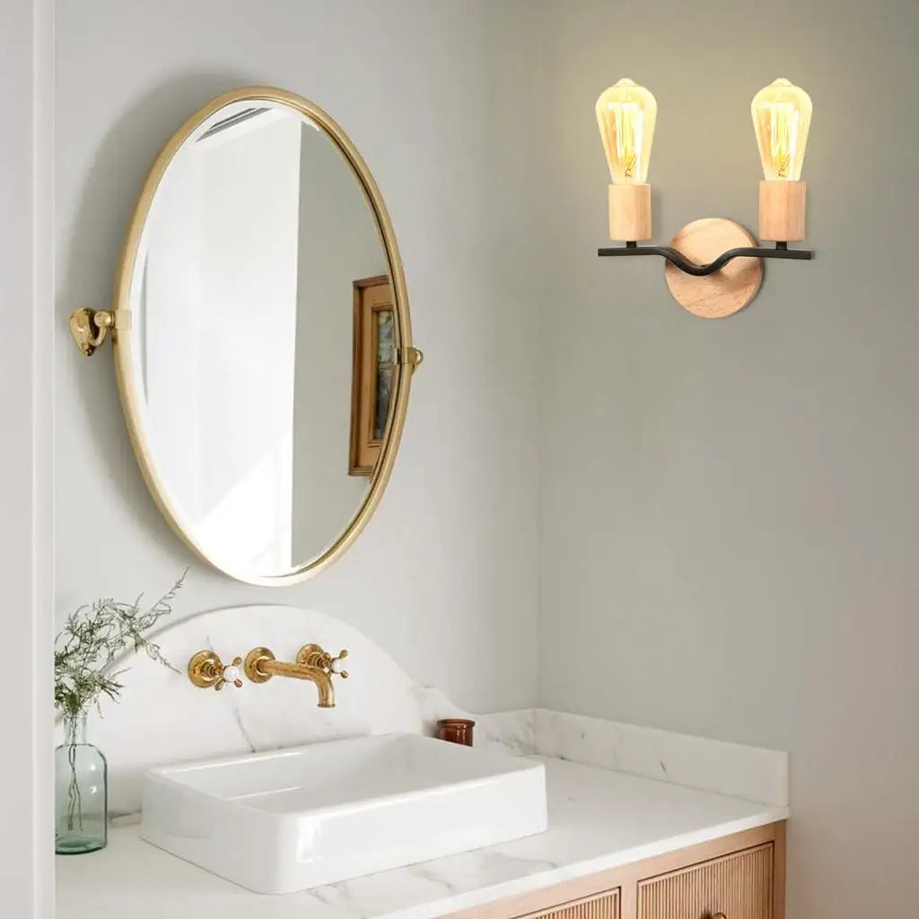 Two-head wall light in wood and iron loft style - vue 5 sur 8