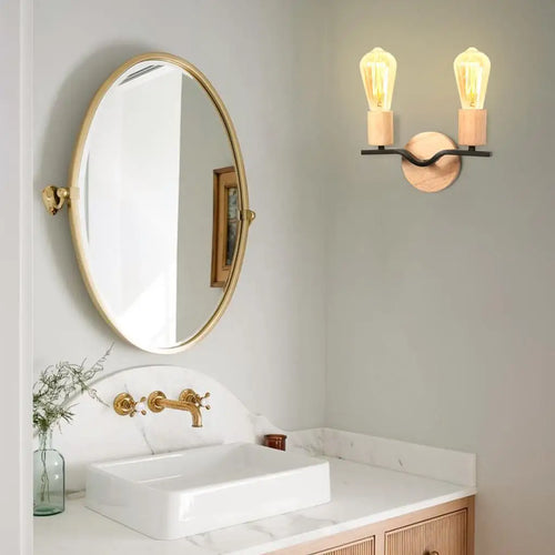Two-head wall light in wood and iron loft style - vue 5 sur 8