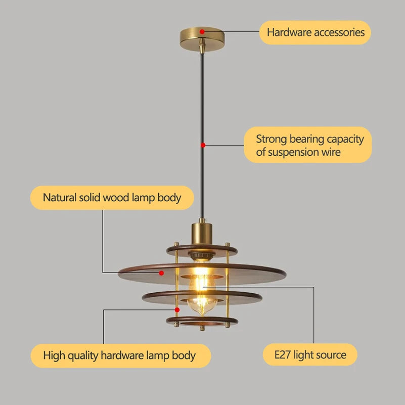 Solid wood retro flying saucer chandelier for bar and restaurant - vue 5 sur 6