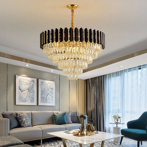 Modern luxury crystal LED chandelier, round or linear design - vue 2 sur 18