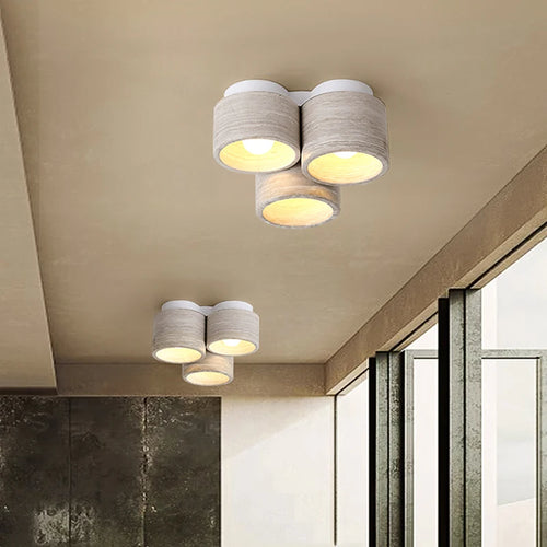 Modern LED ceiling light with 3 heads in wood grain stone wabi sabi style - vue 3 sur 6
