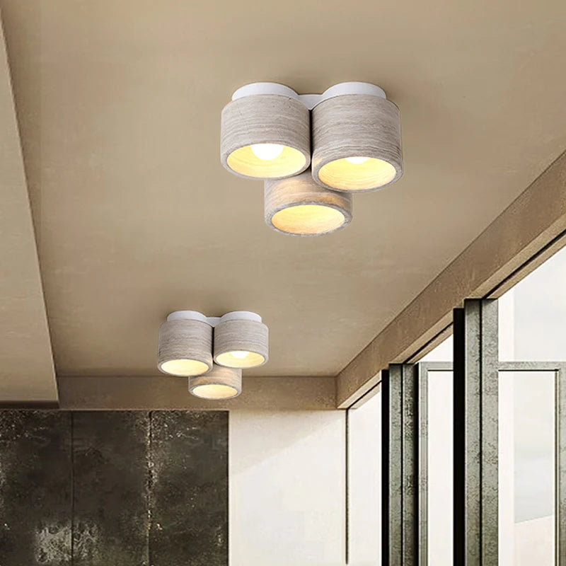 Modern LED ceiling light with 3 heads in wood grain stone wabi sabi style - vue 3 sur 6